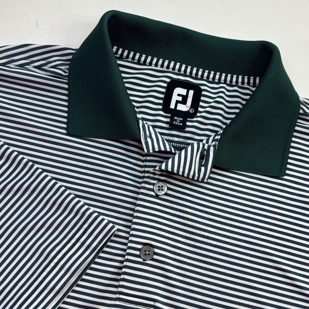 Footjoy FJ Performance Polo Mens Large Green White Stripe Golf Shirt  Stretch